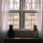A cat sits on a wooden table by a window with white curtains, gazing outside at a wooded backyard.
